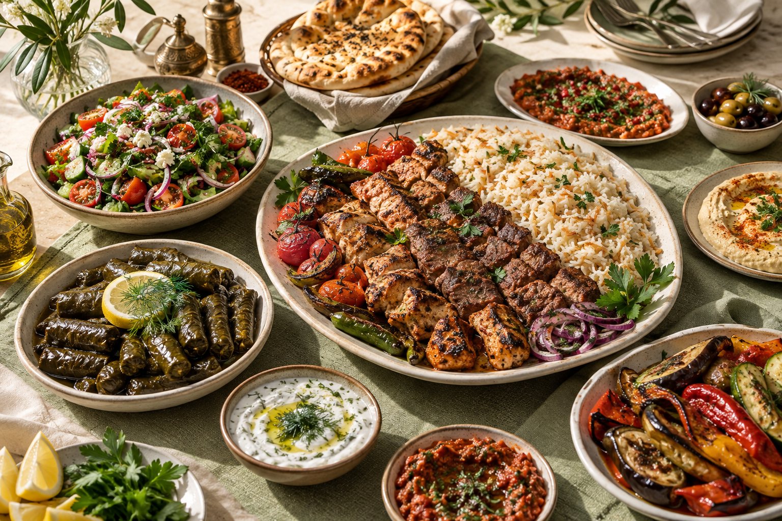 Pilav, ızgara, sarma ve salatalardan oluşan temsili bir Türk mutfağı sofrası